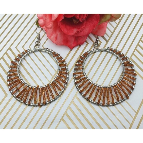 Pretty Large Silver Tone & Amber Color Seed Bead Statement Hoop Earrings Dangle - Picture 6 of 7